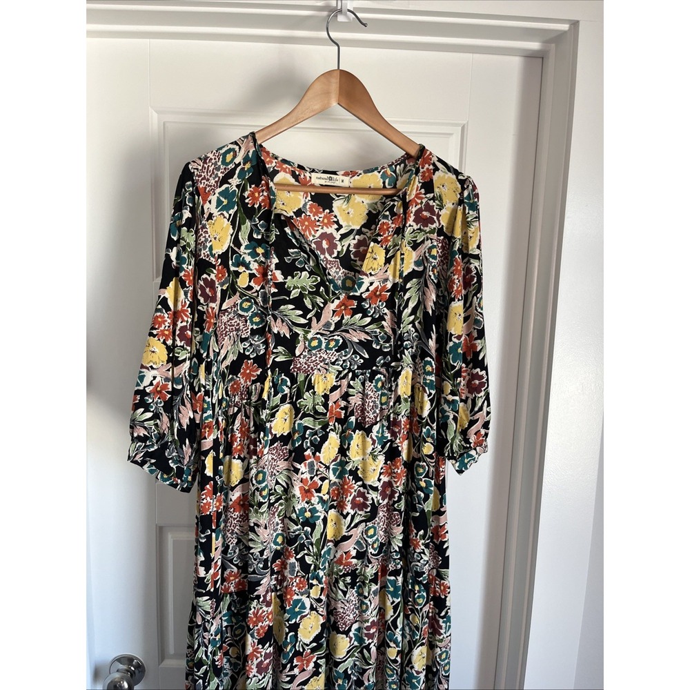 Natural Life Black Floral Tiered Maxi Dress  Necktie  Cottage Core Boho Chic  M - Picture 5 of 13